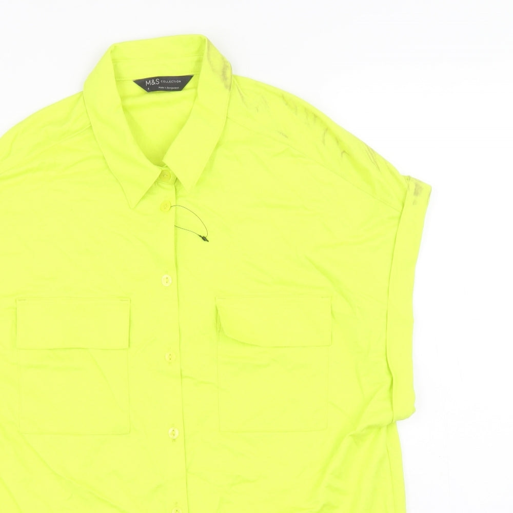 Marks and Spencer Womens Green Viscose Basic Button-Up Size 8 V-Neck