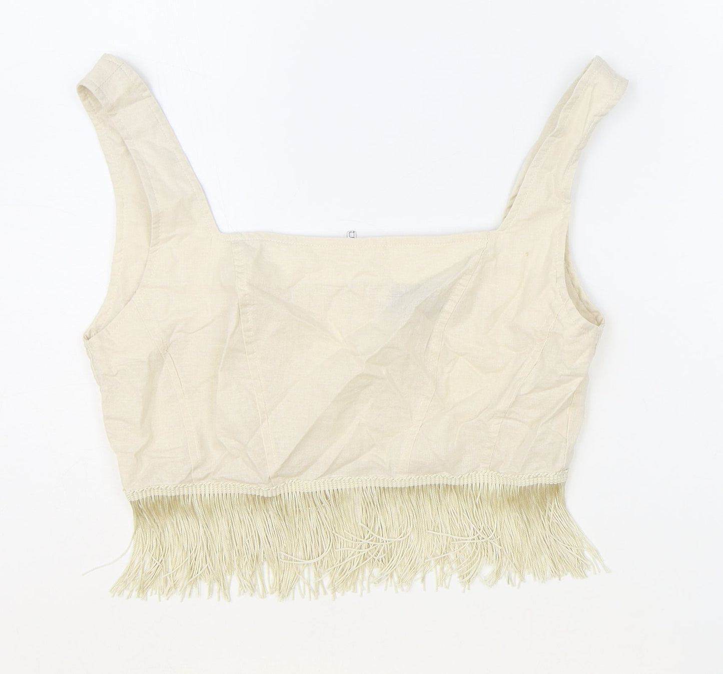 PRETTYLITTLETHING Womens Beige 100% Cotton Cropped Tank Size 10 Square Neck - Fringe Hem