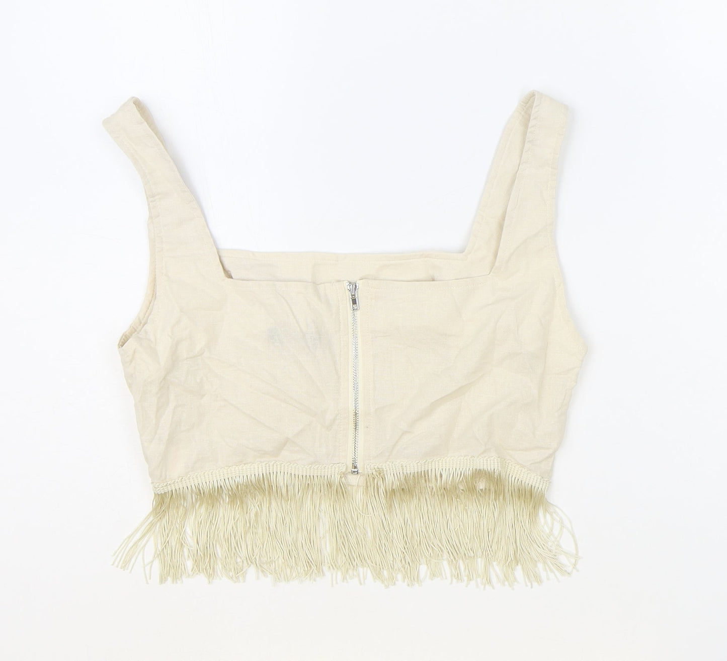 PRETTYLITTLETHING Womens Beige 100% Cotton Cropped Tank Size 10 Square Neck - Fringe Hem