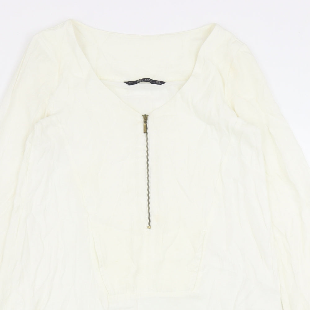 Zara Womens White Viscose Mini Size S V-Neck Zip