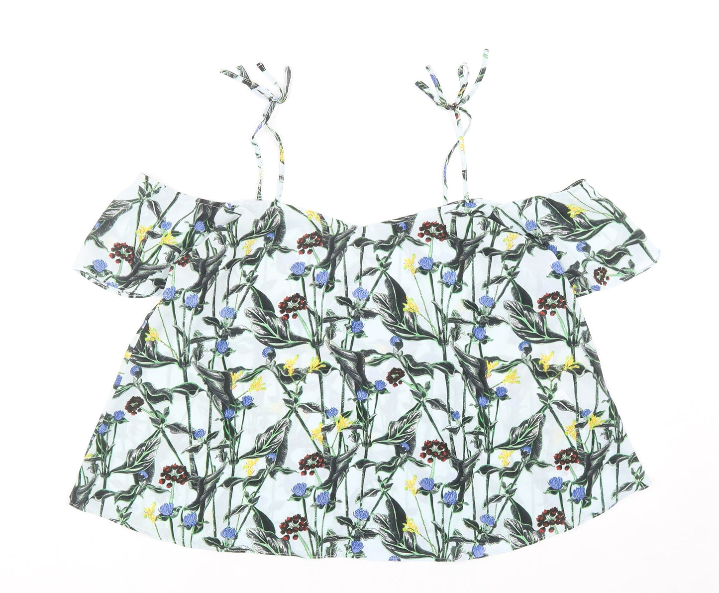 Topshop Womens Blue Floral Polyester Basic Blouse Size 8 Off the Shoulder