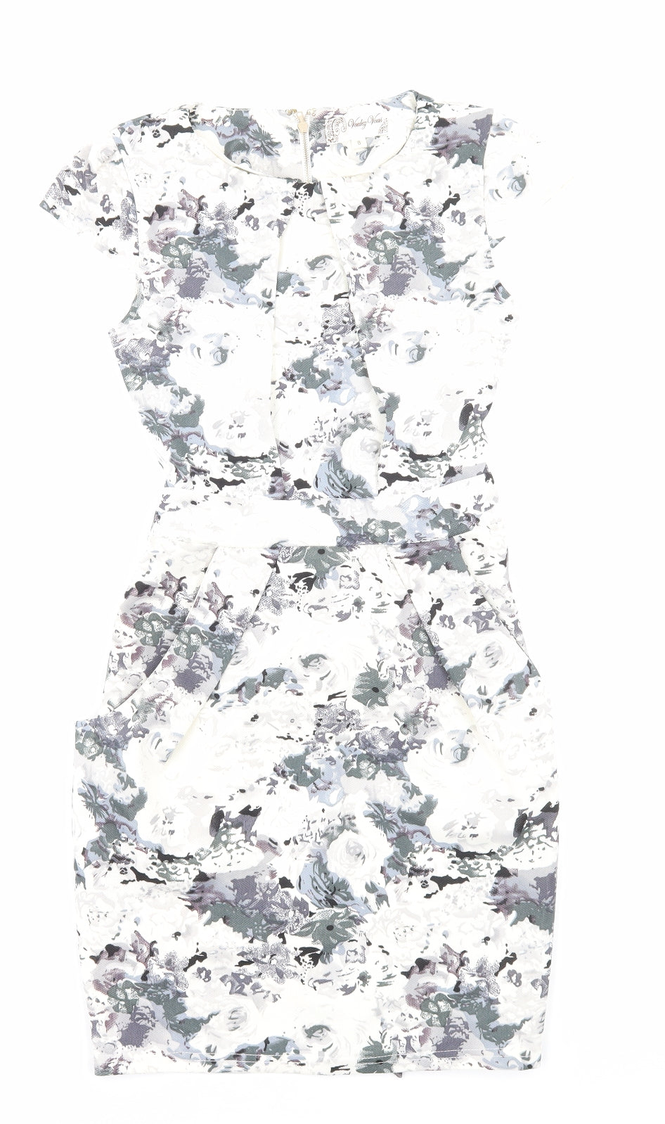 Voulez-Vous Womens White Floral Viscose Bodycon Size 8 Round Neck Zip
