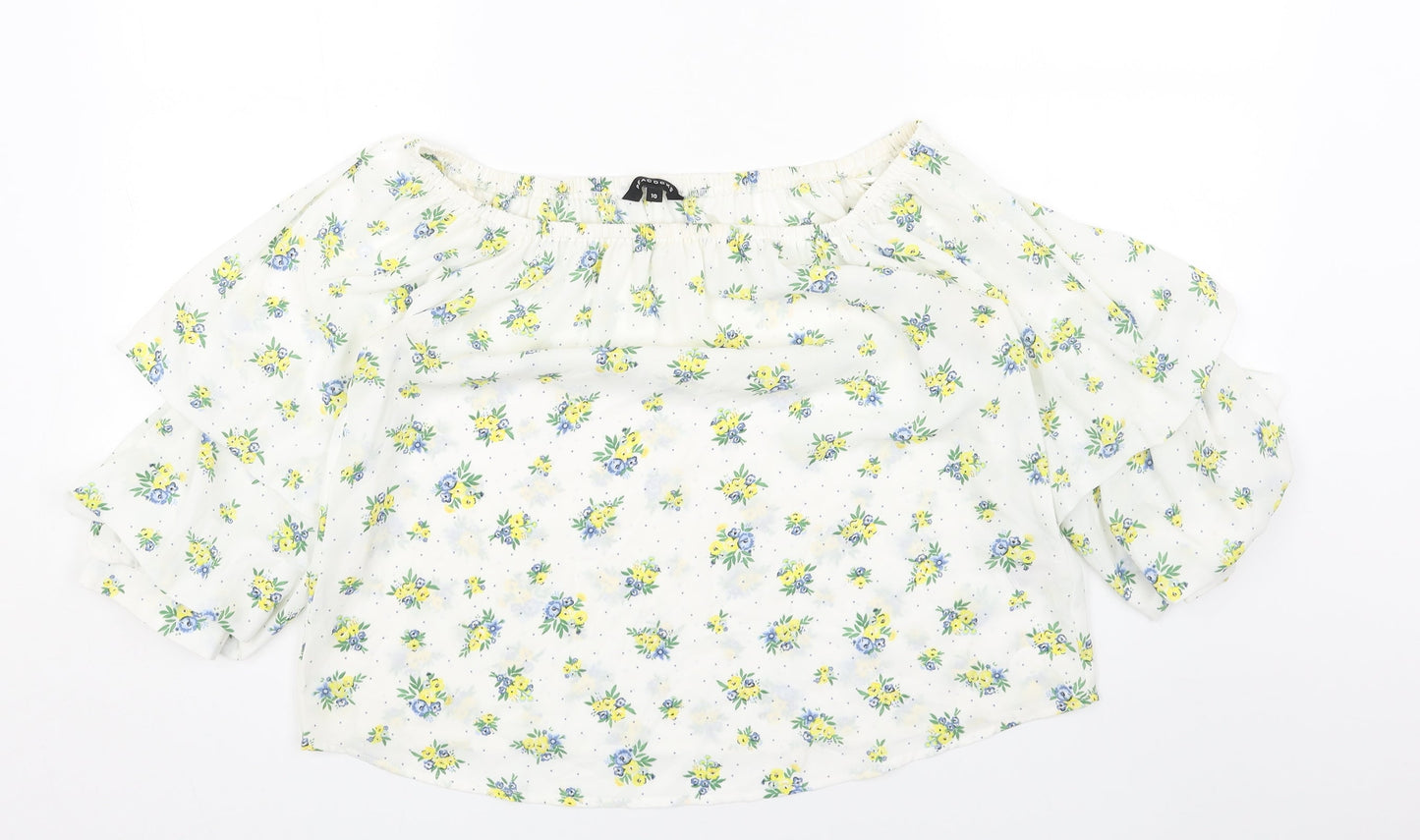 Peacocks Womens White Geometric Polyester Basic T-Shirt Size 10 Round Neck
