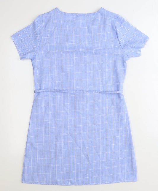 Huimei Womens Blue Plaid Polyester A-Line Size 12 Round Neck Pullover