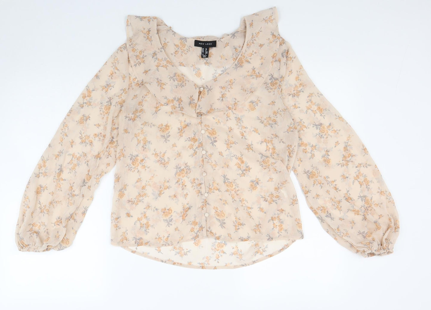 New Look Womens Beige Floral Polyester Basic Button-Up Size L Scoop Neck
