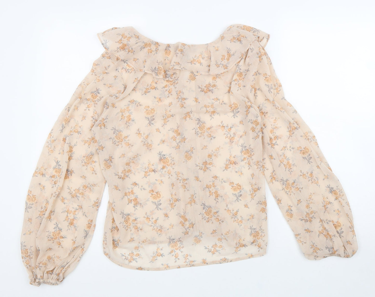 New Look Womens Beige Floral Polyester Basic Button-Up Size L Scoop Neck