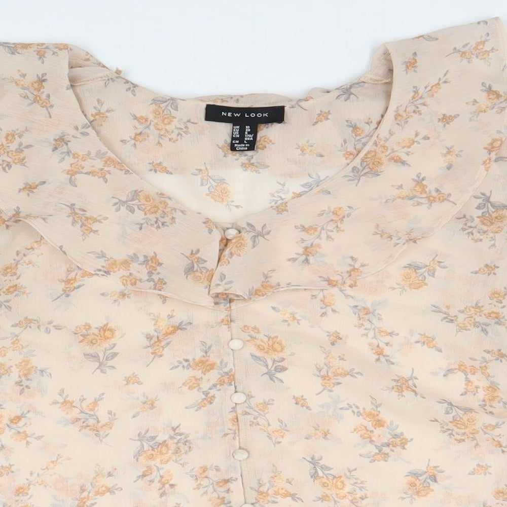 New Look Womens Beige Floral Polyester Basic Button-Up Size L Scoop Neck