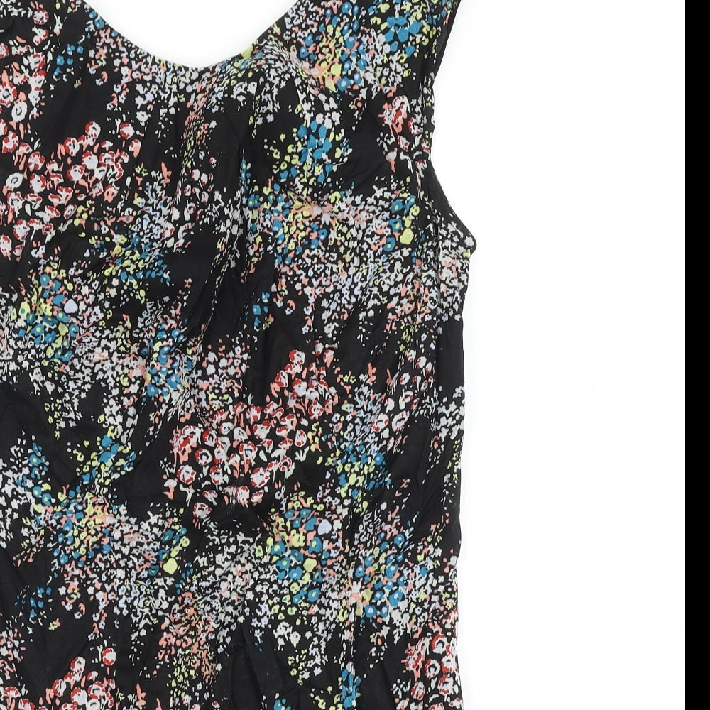 Warehouse Womens Black Floral Viscose A-Line Size 12 Scoop Neck Zip
