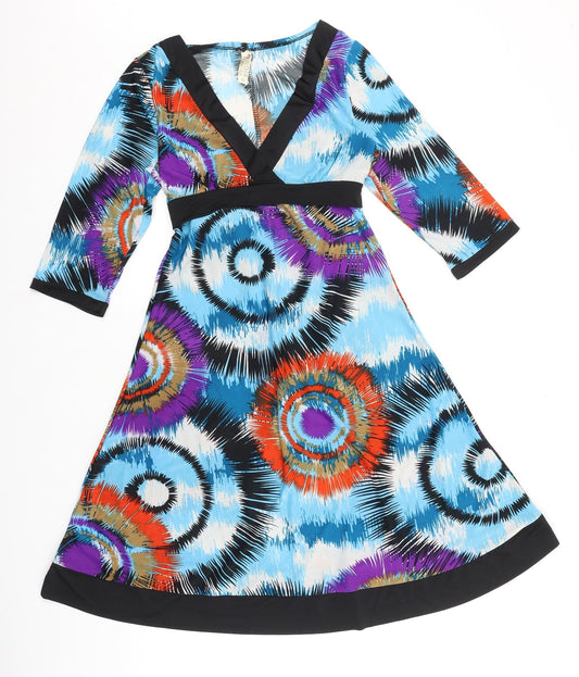 India Boutique Womens Multicoloured Geometric Viscose Fit & Flare Size S V-Neck Tie