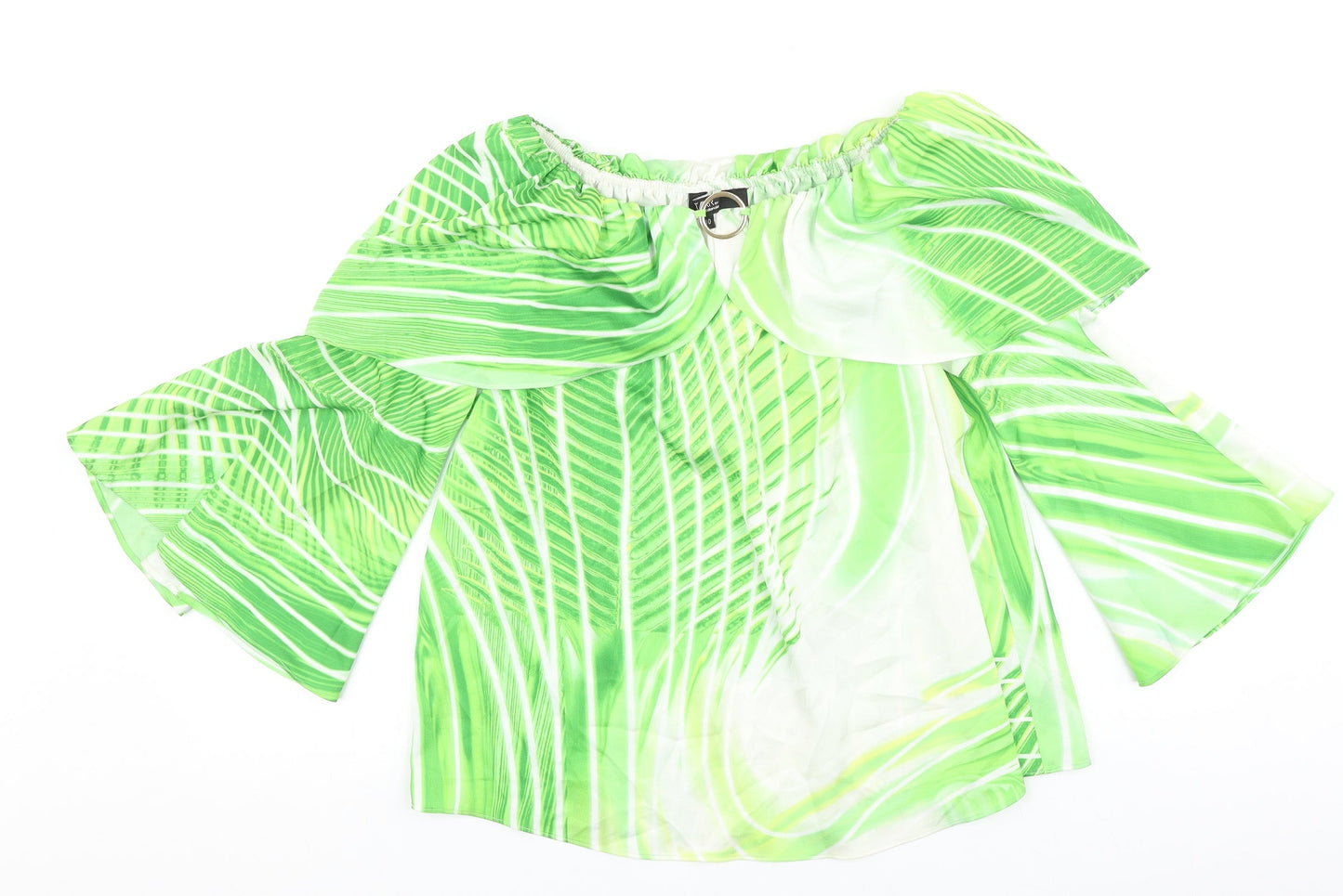 Star Womens Green Geometric Polyester Basic Blouse Size 10 Boat Neck - Flute Sleeve