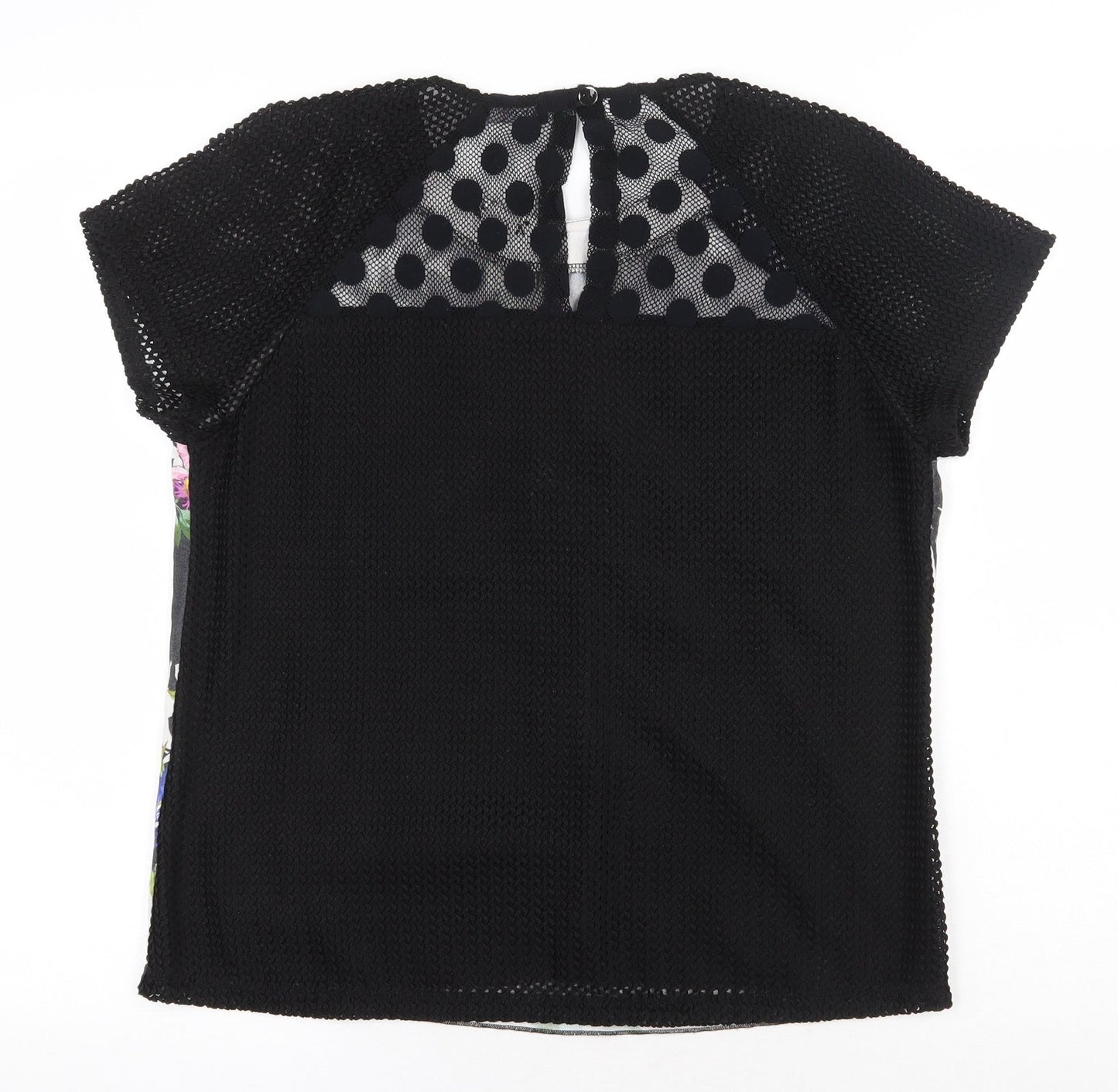 Amethyst Womens Black Geometric Viscose Basic T-Shirt Size L Round Neck