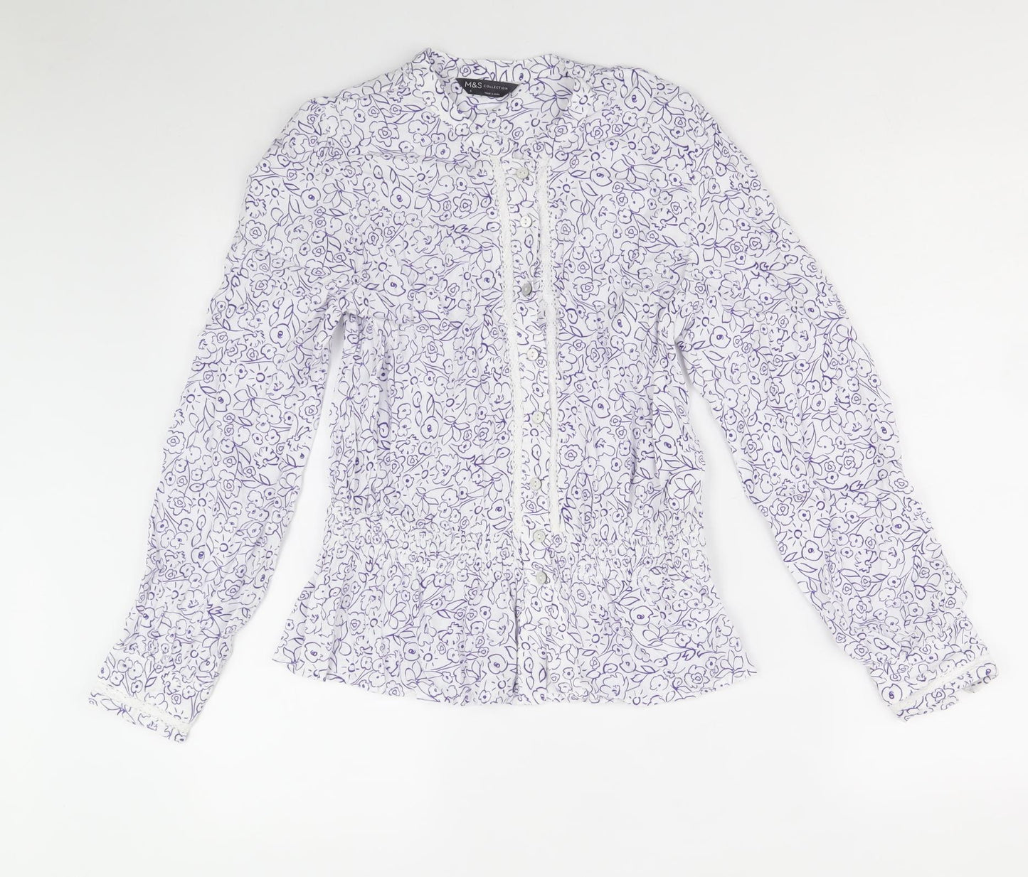 Marks and Spencer Womens White Floral Viscose Basic Button-Up Size 8 Round Neck