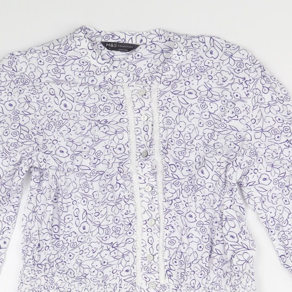 Marks and Spencer Womens White Floral Viscose Basic Button-Up Size 8 Round Neck