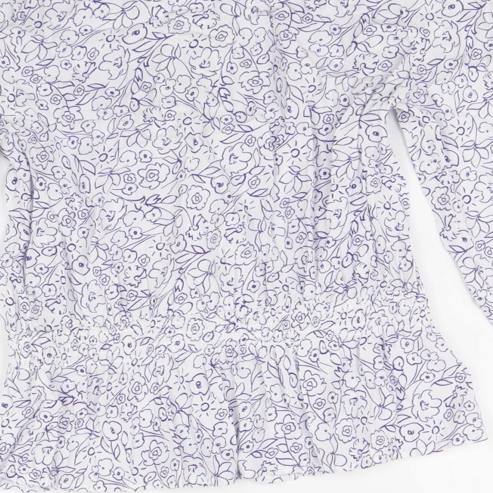 Marks and Spencer Womens White Floral Viscose Basic Button-Up Size 8 Round Neck