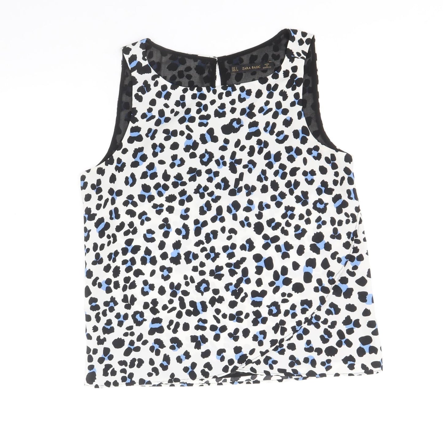 Zara Womens White Animal Print Polyester Basic Blouse Size S Scoop Neck