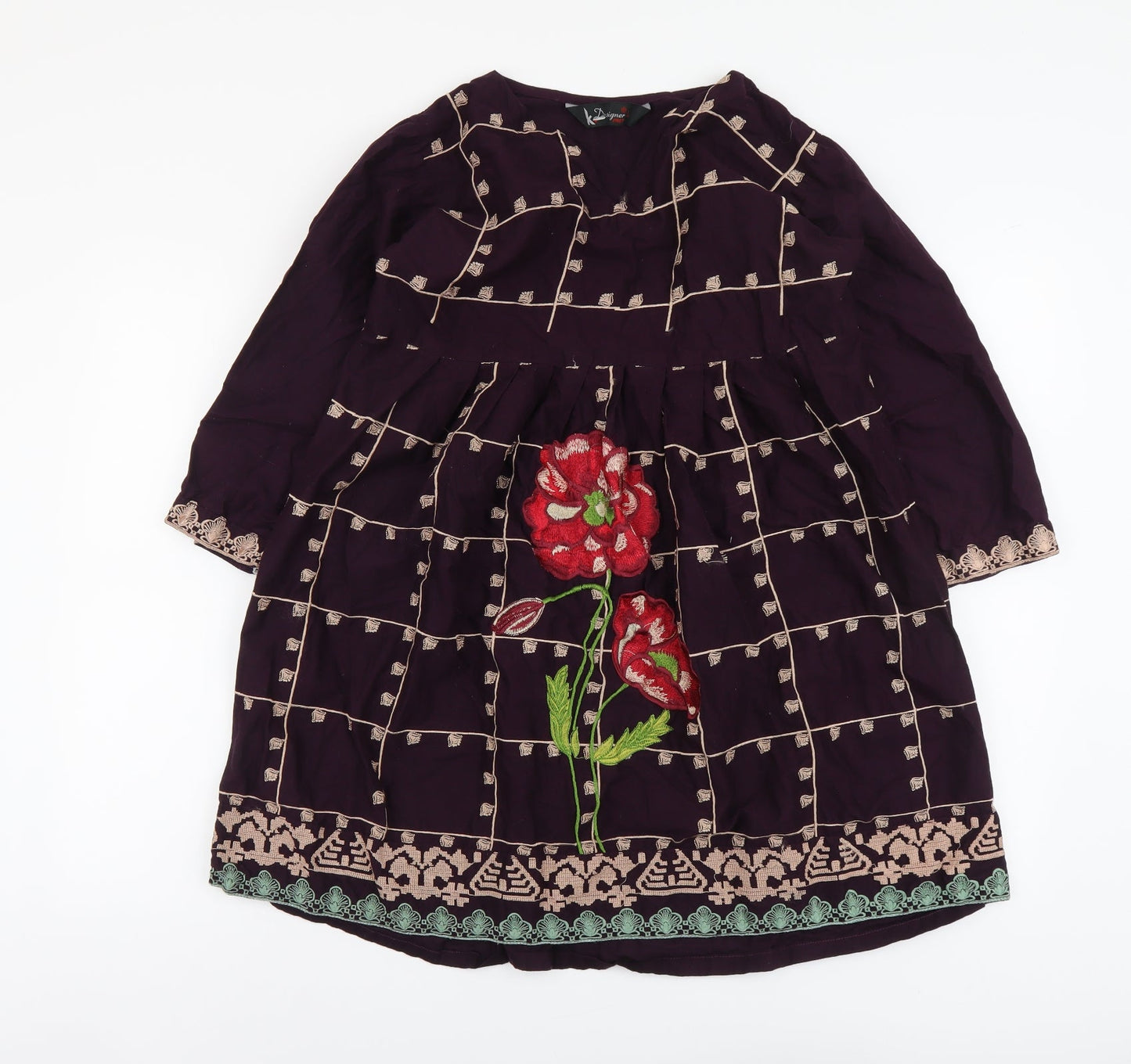 Designer Womens Purple Geometric Cotton Fit & Flare Size L Round Neck Pullover - Flower Detail