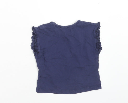 Marks and Spencer Girls Blue Cotton Basic T-Shirt Size 9-12 Months Round Neck Pullover