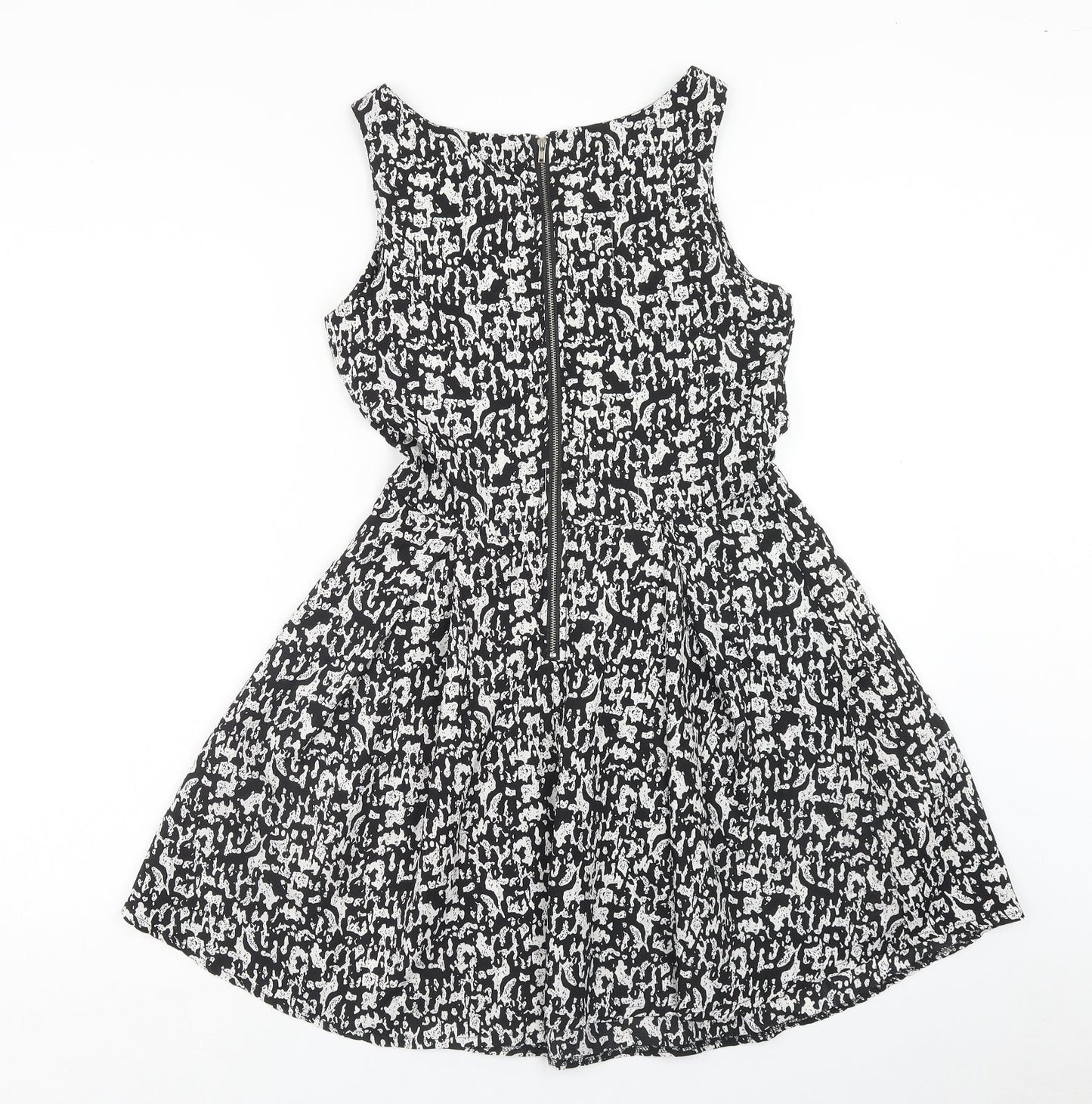 Mela London Womens Black Geometric Polyester A-Line Size 10 Scoop Neck Zip