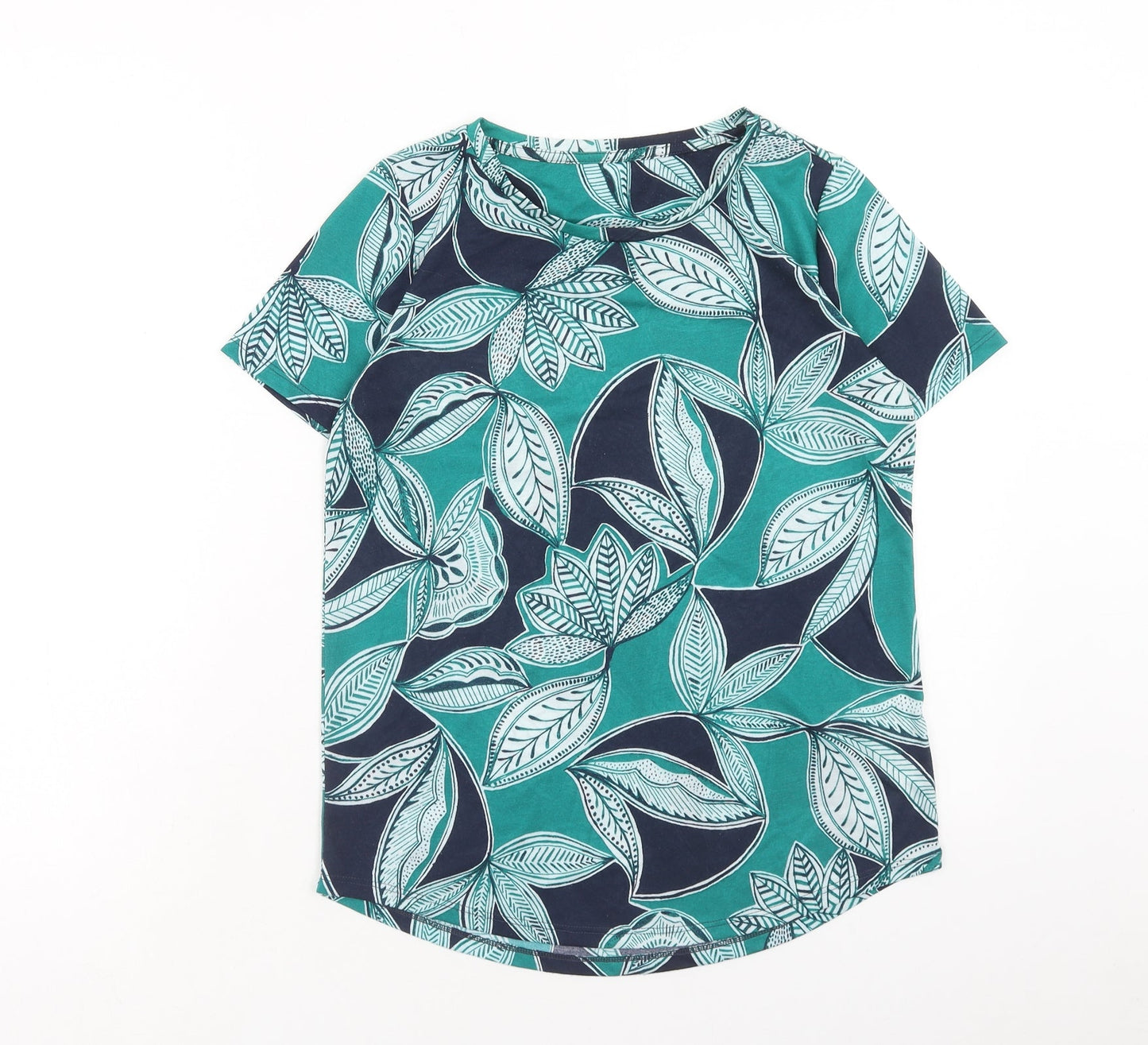 Marks and Spencer Womens Green Geometric Polyester Basic T-Shirt Size 8 Scoop Neck - Leaf Print