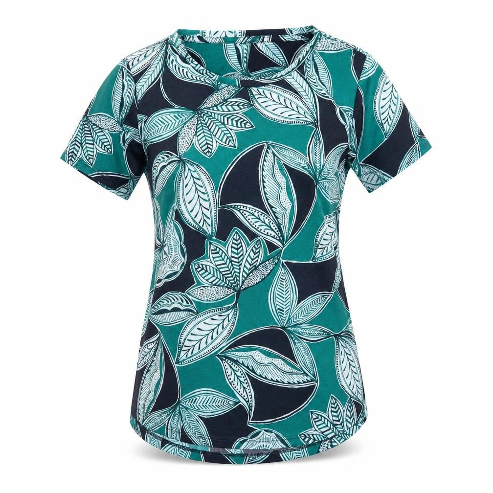 Marks and Spencer Womens Green Geometric Polyester Basic T-Shirt Size 8 Scoop Neck - Leaf Print