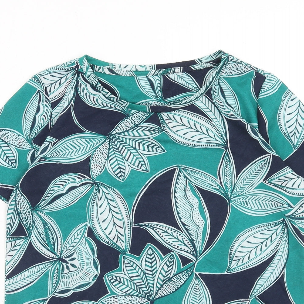 Marks and Spencer Womens Green Geometric Polyester Basic T-Shirt Size 8 Scoop Neck - Leaf Print