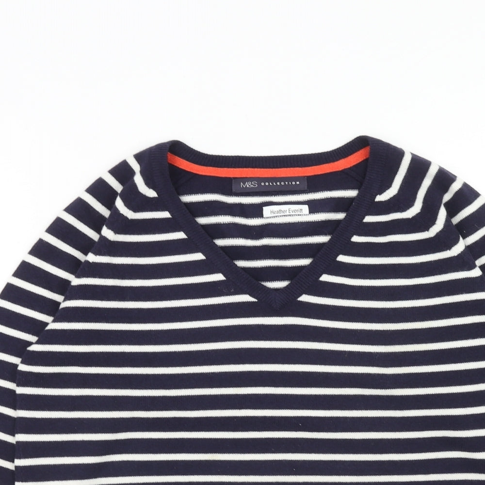 Marks and Spencer Womens Blue V-Neck Striped Acrylic Pullover Jumper Size 8