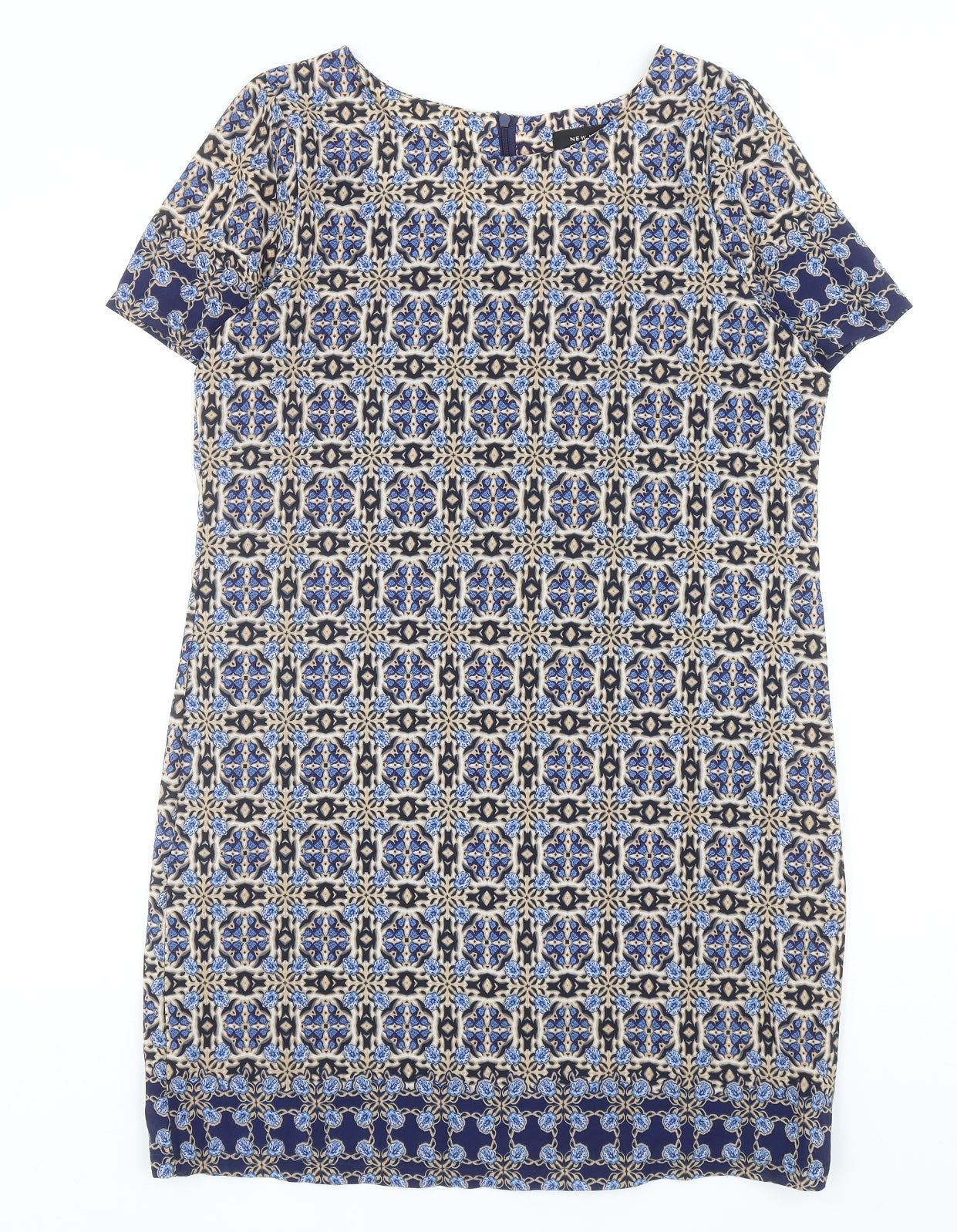 New Look Womens Blue Geometric Polyester A-Line Size 12 Round Neck Zip