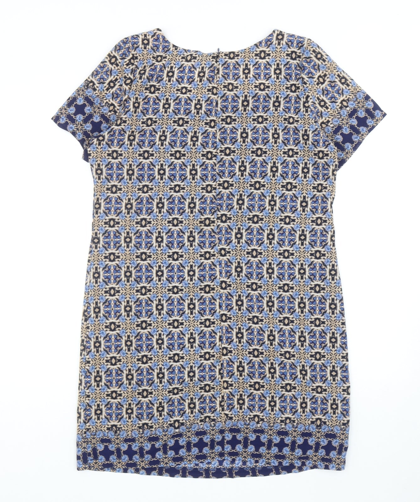 New Look Womens Blue Geometric Polyester A-Line Size 12 Round Neck Zip
