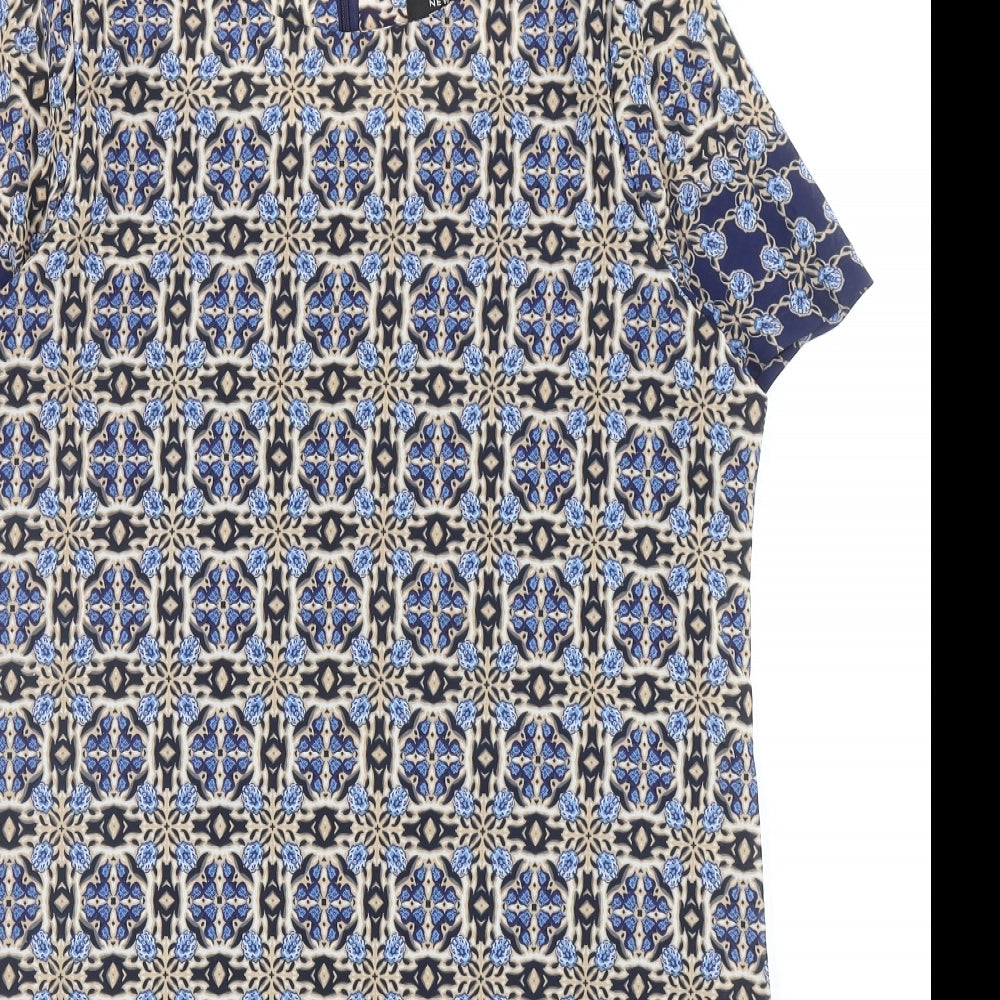 New Look Womens Blue Geometric Polyester A-Line Size 12 Round Neck Zip