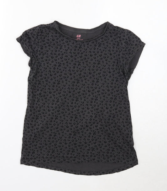 H&M Girls Grey Animal Print Cotton Basic T-Shirt Size 10 Years Round Neck Pullover - Leopard print