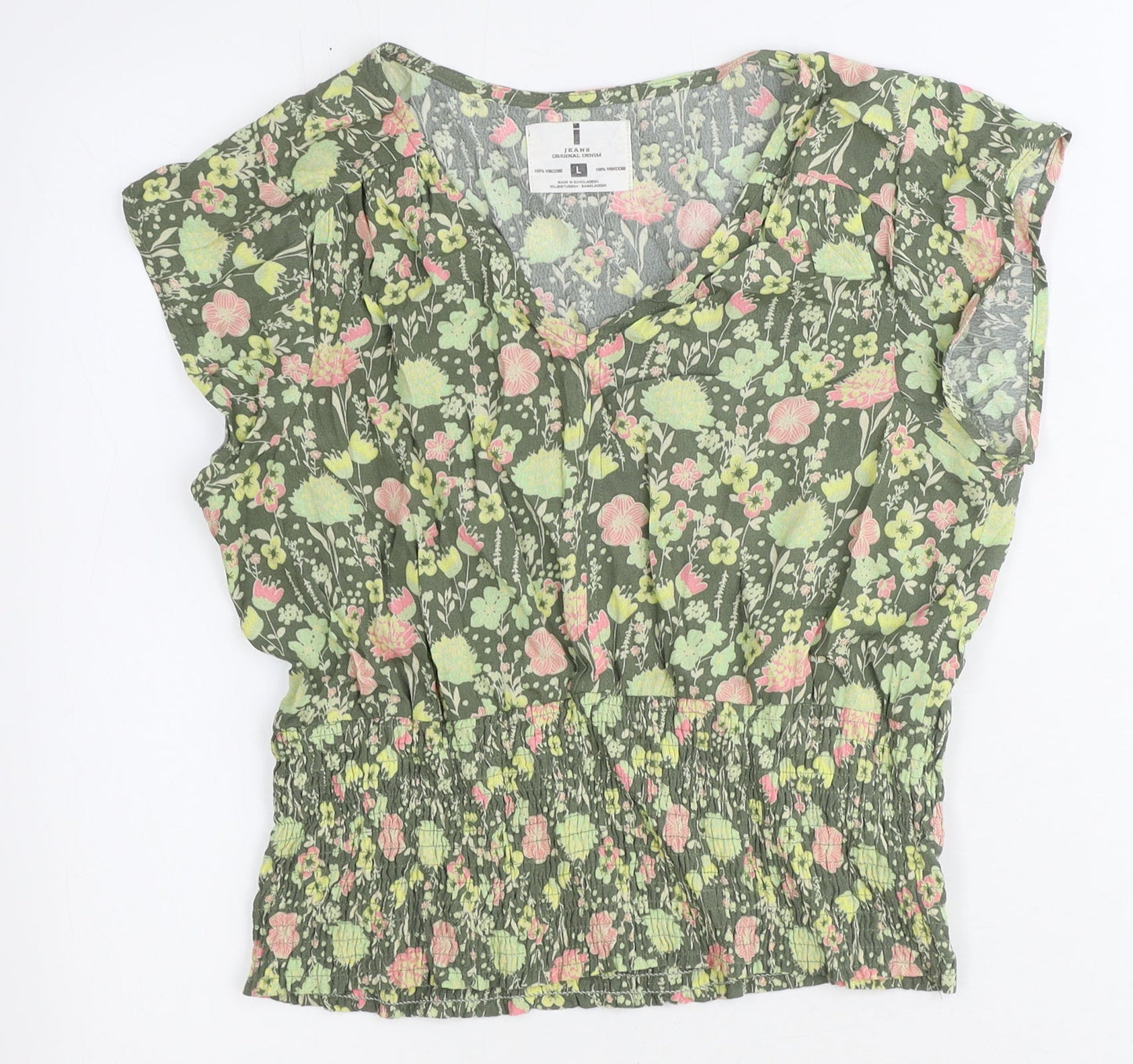 i jeans by Buffalo Womens Green Floral Viscose Basic Blouse Size L V-Neck