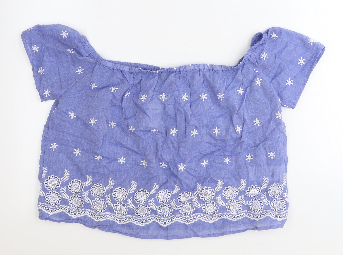 Select Womens Blue Geometric 100% Cotton Basic Blouse Size 8 Off the Shoulder - Bardot