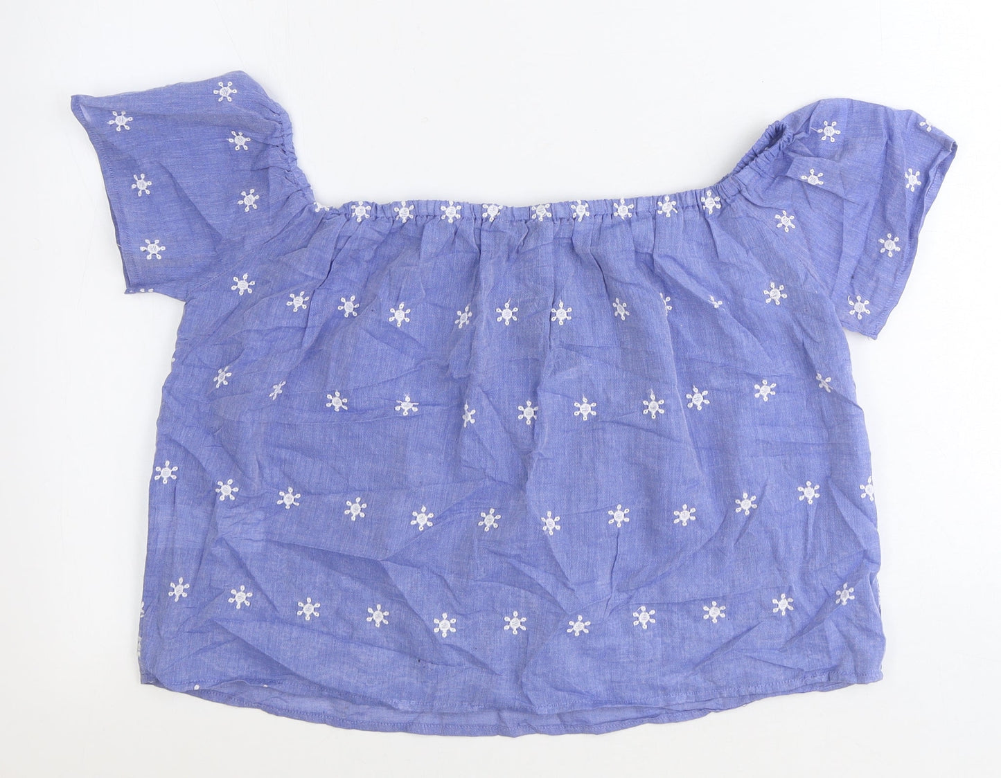 Select Womens Blue Geometric 100% Cotton Basic Blouse Size 8 Off the Shoulder - Bardot