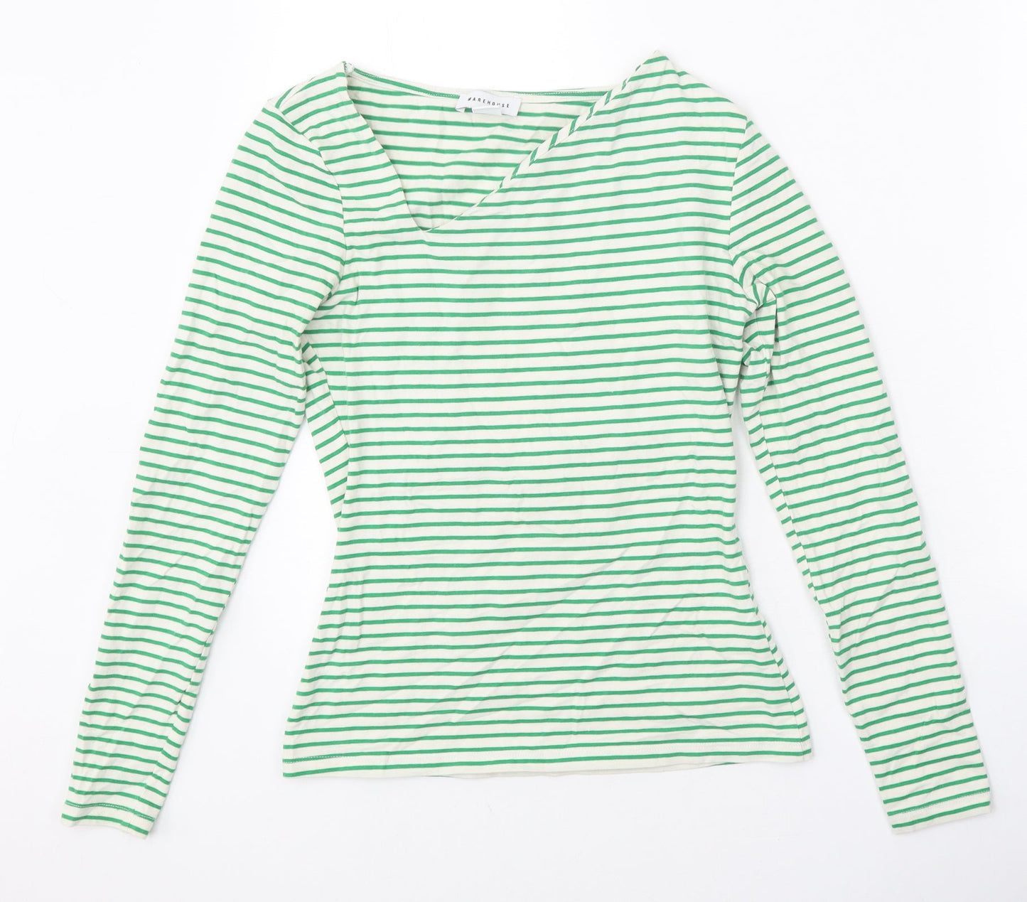 Warehouse Womens Green Striped Cotton Basic T-Shirt Size XS V-Neck