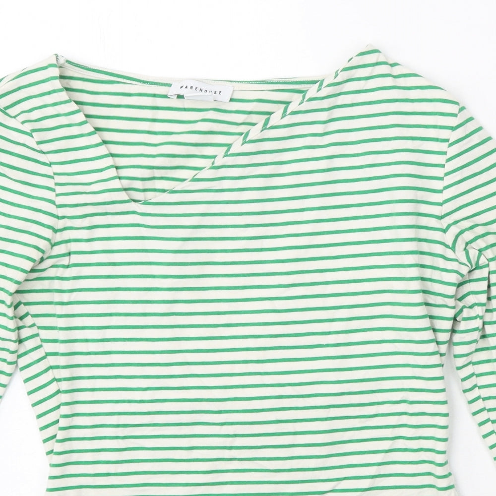 Warehouse Womens Green Striped Cotton Basic T-Shirt Size XS V-Neck