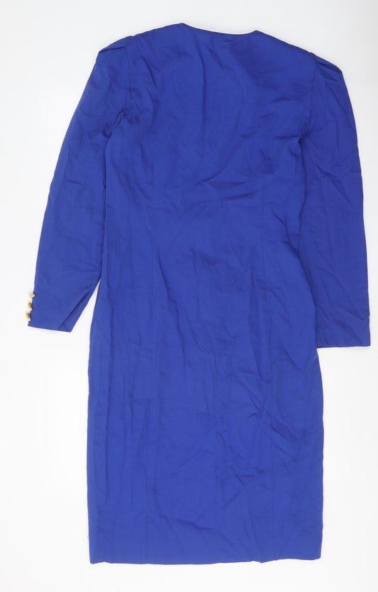 Leslie Fay Womens Blue Polyester Sheath Size 10 Round Neck Button