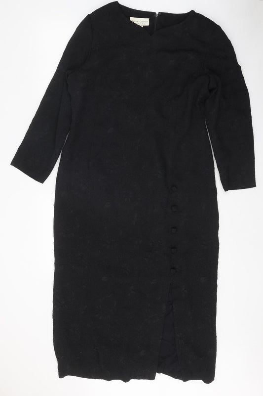 Casual Corner Womens Black Floral Polyester A-Line Size 12 Boat Neck Zip