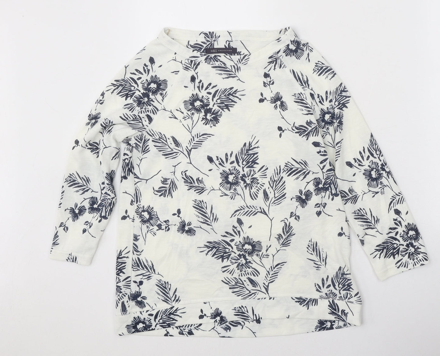Marks and Spencer Womens White Floral Polyester Basic Blouse Size 8 Boat Neck