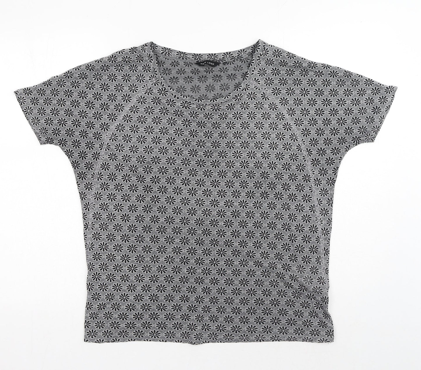 New Look Womens Grey Geometric Polyester Basic T-Shirt Size 10 Round Neck