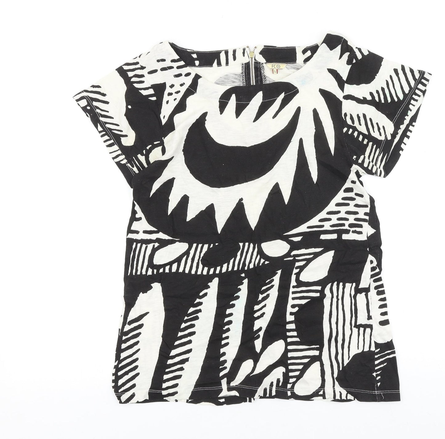 FC Womens Black Geometric 100% Cotton Basic Blouse Size S Round Neck