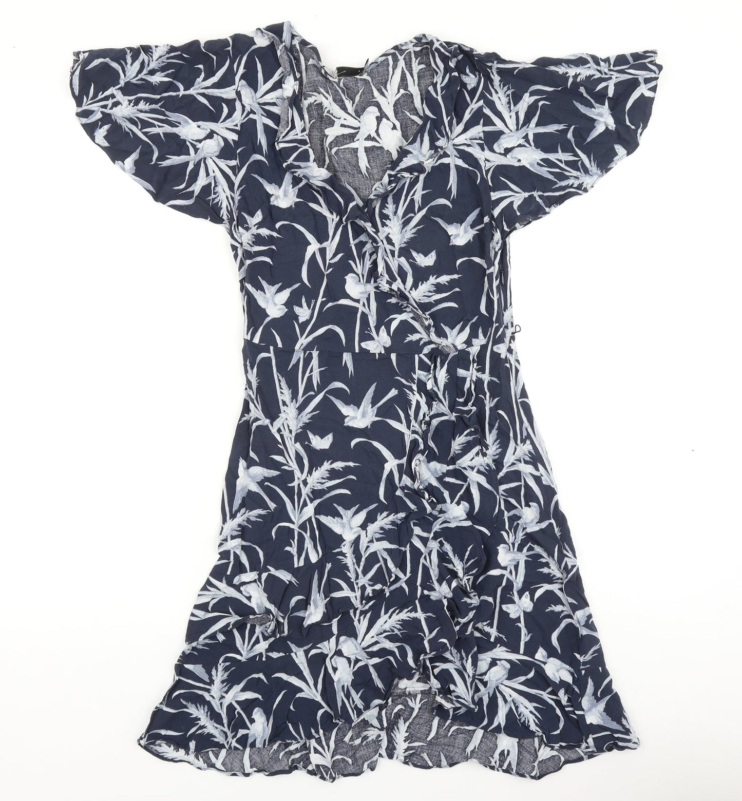 Oasis Womens Blue Geometric Viscose Fit & Flare Size 8 V-Neck Pullover - Bird Pattern