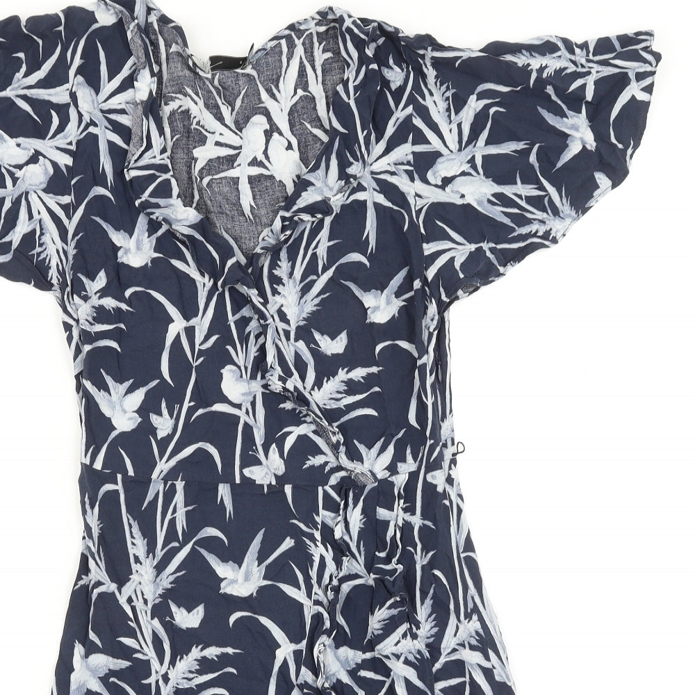 Oasis Womens Blue Geometric Viscose Fit & Flare Size 8 V-Neck Pullover - Bird Pattern