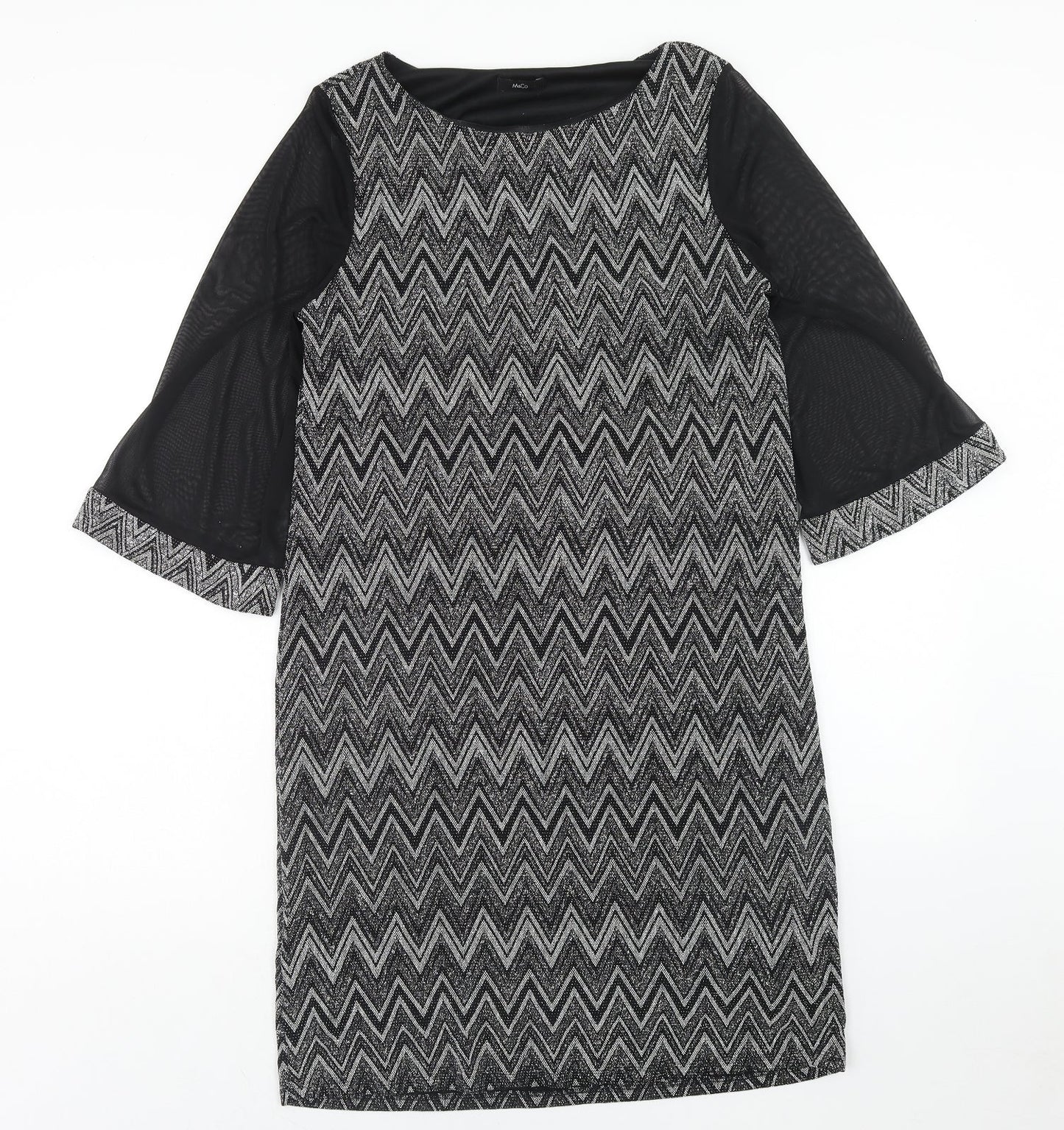 M&Co Womens Black Geometric Nylon Shift Size 14 Round Neck Pullover