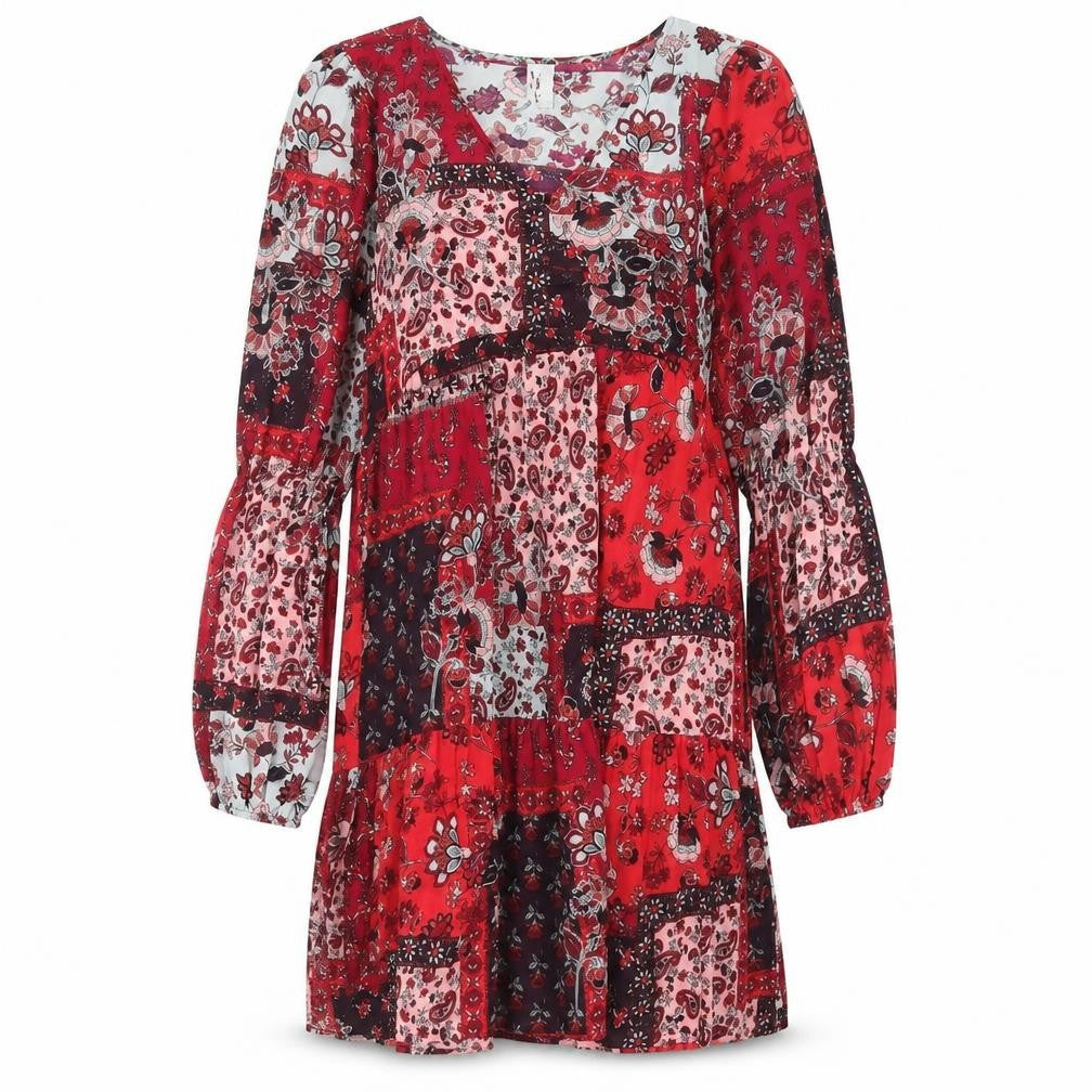 Violet Romance Womens Red Floral Polyester A-Line Size 8 V-Neck Pullover - Patchwork