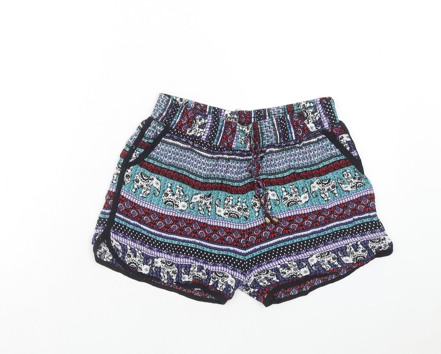 Preworn Womens Multicoloured Geometric Polyester Hot Pants Shorts Size M Regular Drawstring