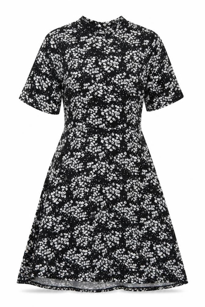 Peacocks Womens Black Floral Viscose A-Line Size 10 Mock Neck Button