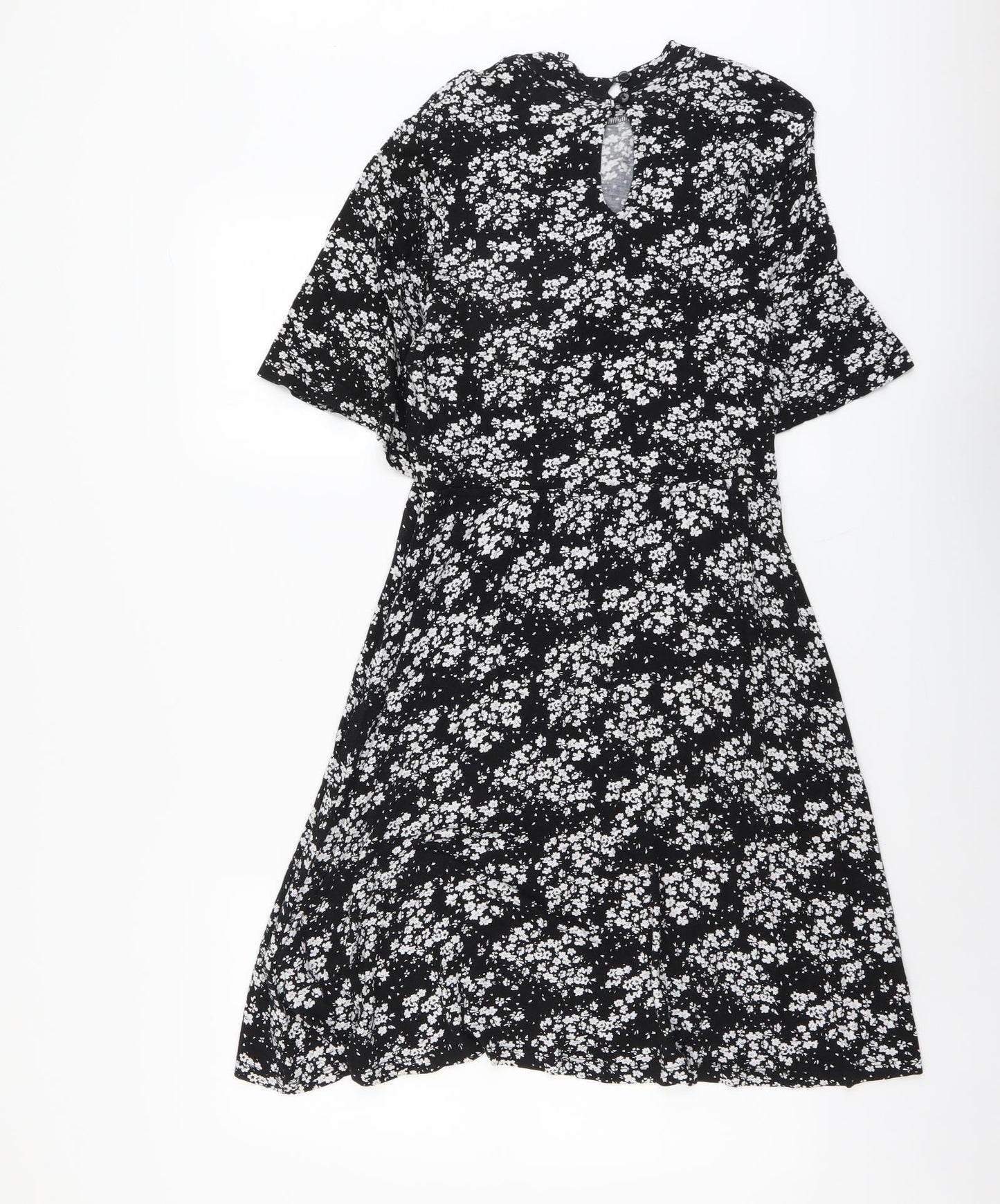 Peacocks Womens Black Floral Viscose A-Line Size 10 Mock Neck Button