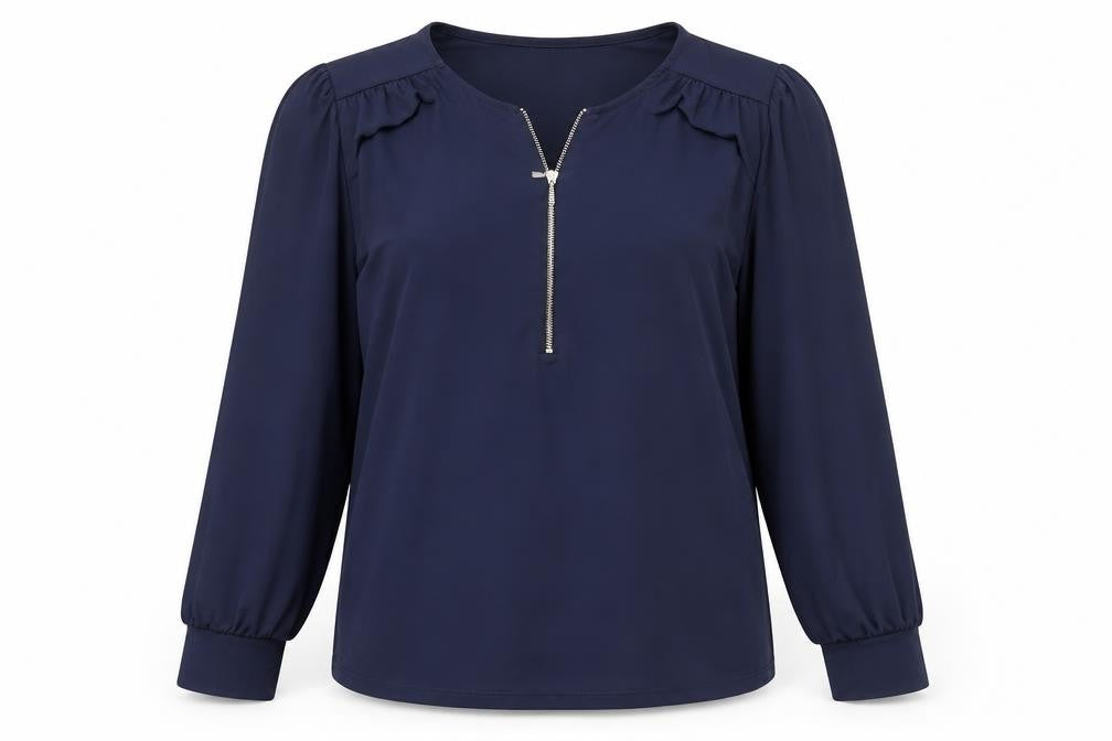 Vallis Womens Blue Polyester Basic Blouse Size L Round Neck