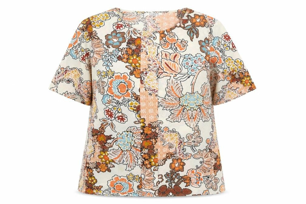 Marks and Spencer Womens Beige Geometric Polyester Basic T-Shirt Size 12 Round Neck