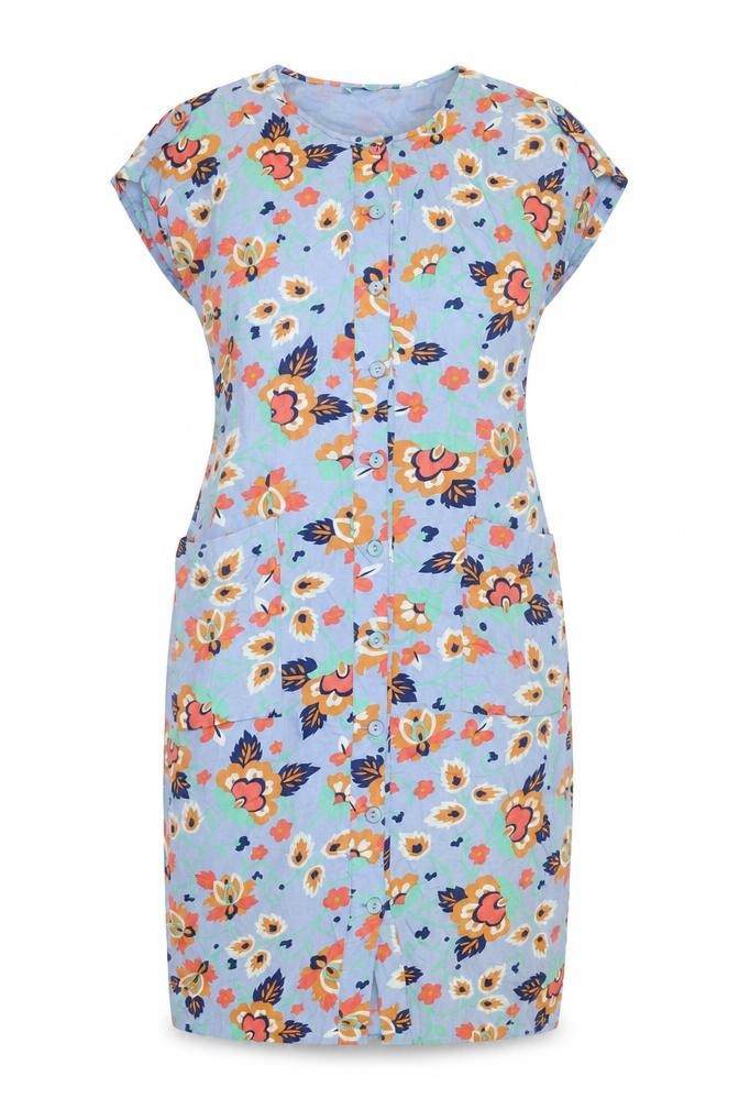 Fever Womens Blue Floral Cotton T-Shirt Dress Size 12 Round Neck Button